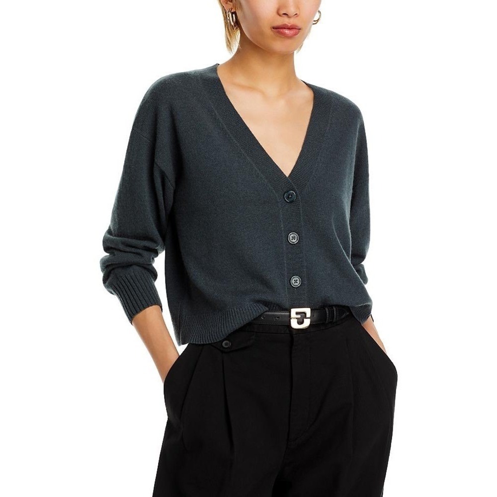 Aqua cashmere dark gray v-neck cardigan sweater long sleeve women's size large